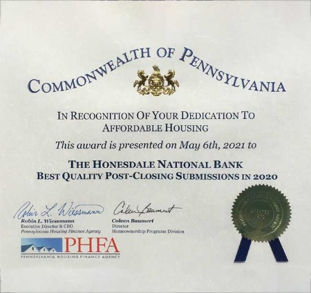 close-up of HNB Mortgage PHFA award
