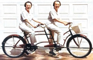 Stegner twins on bicycles later in life