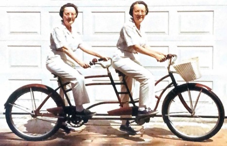 Stegner twins on bicycles later in life