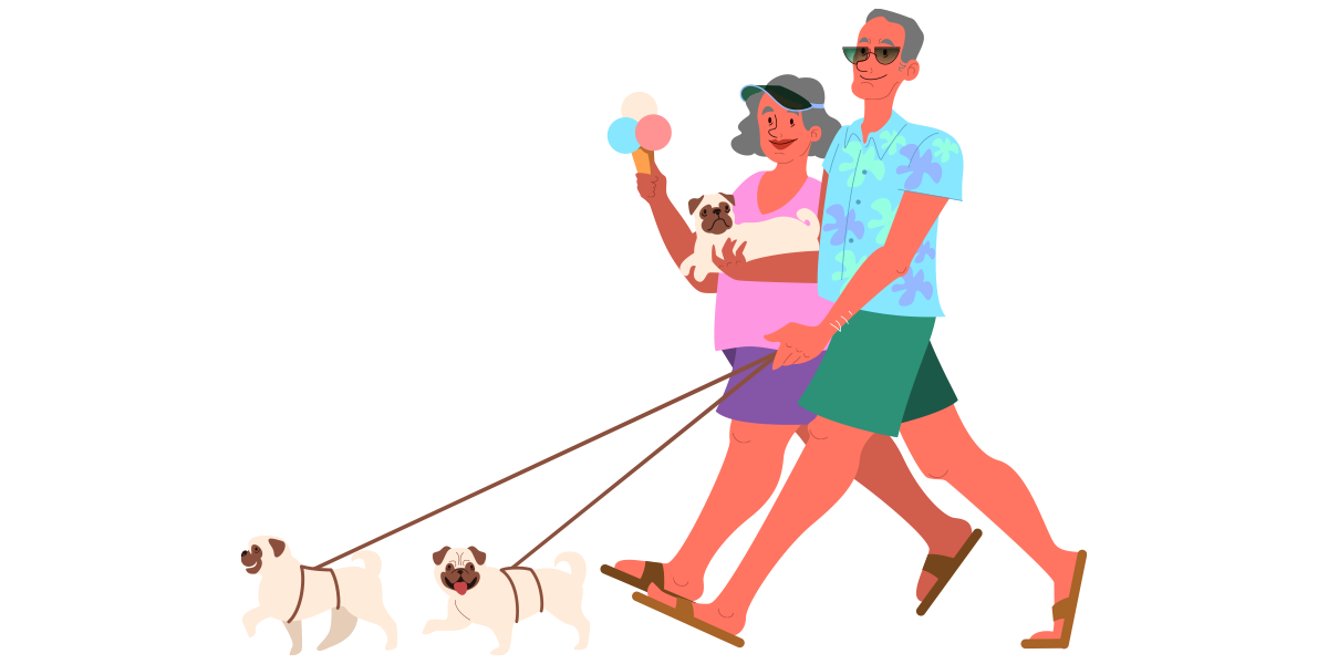 a middle-aged couple walking dogs and eating ice cream