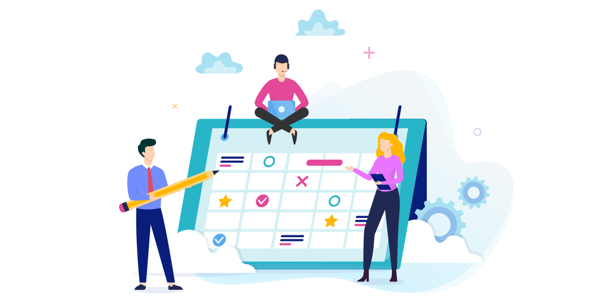 Three people at a calendar discussing digital banking